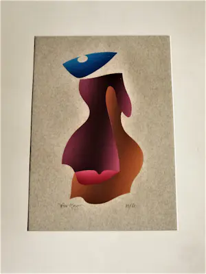 Wim Koster - grote Sjabloondruk Compositie in roze, oranje en blauw 21/80 - INGELIJST kaufen? Bieten Sie von 38!