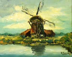 Willempje Noordam - (1922-1970)- "Molen aan water in de Zaan" - Olieverf op doek. verkocht voor € 65!