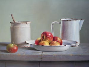 Hans Habraken - Stilleven Oude kan potje en schaal appels kopen? Bied vanaf 695!