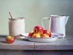 Hans Habraken - Stilleven Oude kan potje en schaal appels verkocht voor € 695!