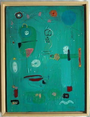 Jasper Banen - Acrylverf op doek , ingelijst , Blauwe Zon en Hemellichamen – 2004 kopen? Bied vanaf 85!