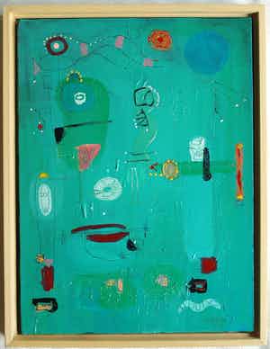 Jasper Banen - Acrylverf op doek , ingelijst , Blauwe Zon en Hemellichamen – 2004 vendu pour 95€ !