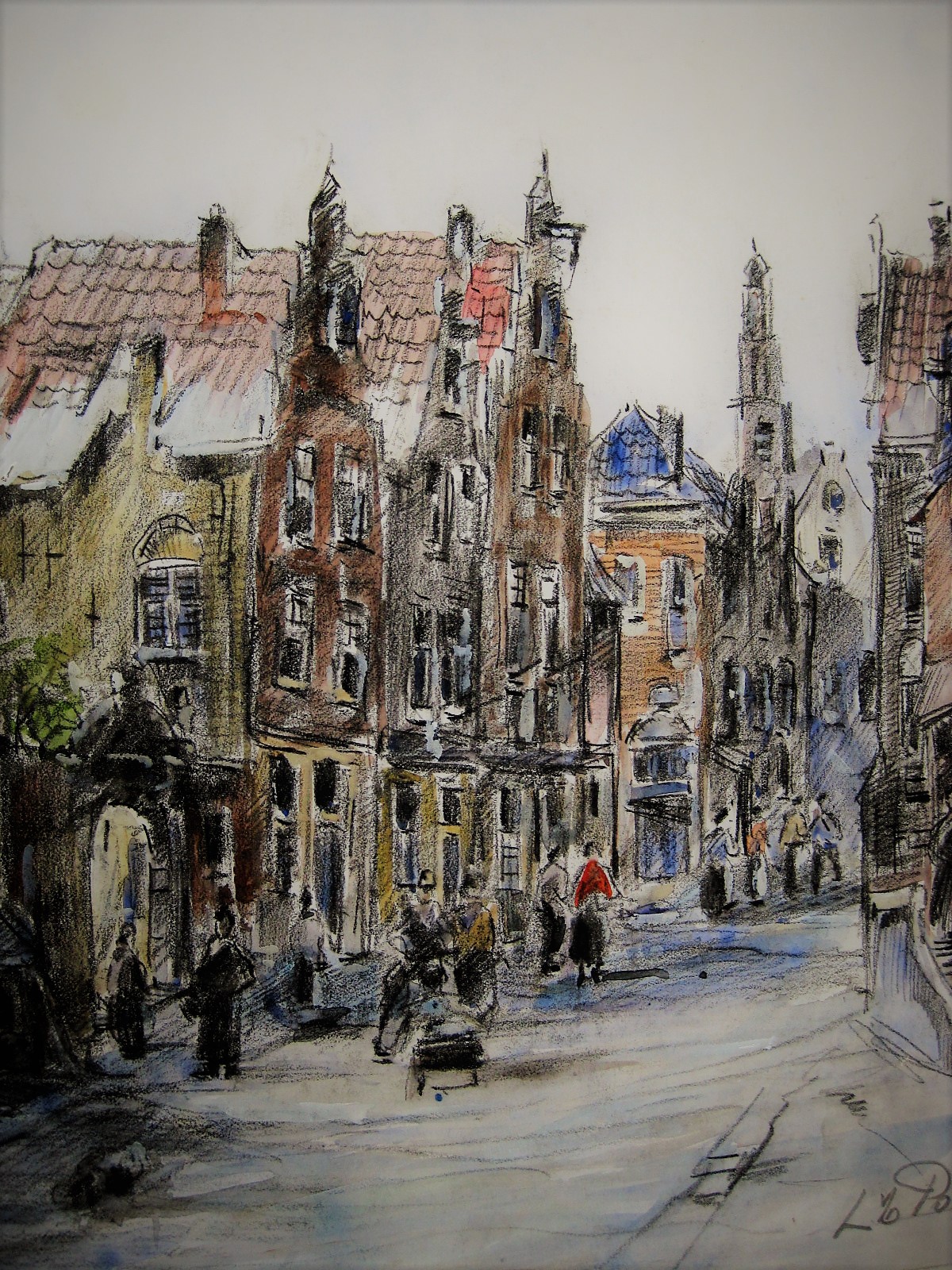 Louis van der Pol - grote Aquarel "personen in Hollandse stadstraat" ca. 1950 kopen? Bied vanaf 1!