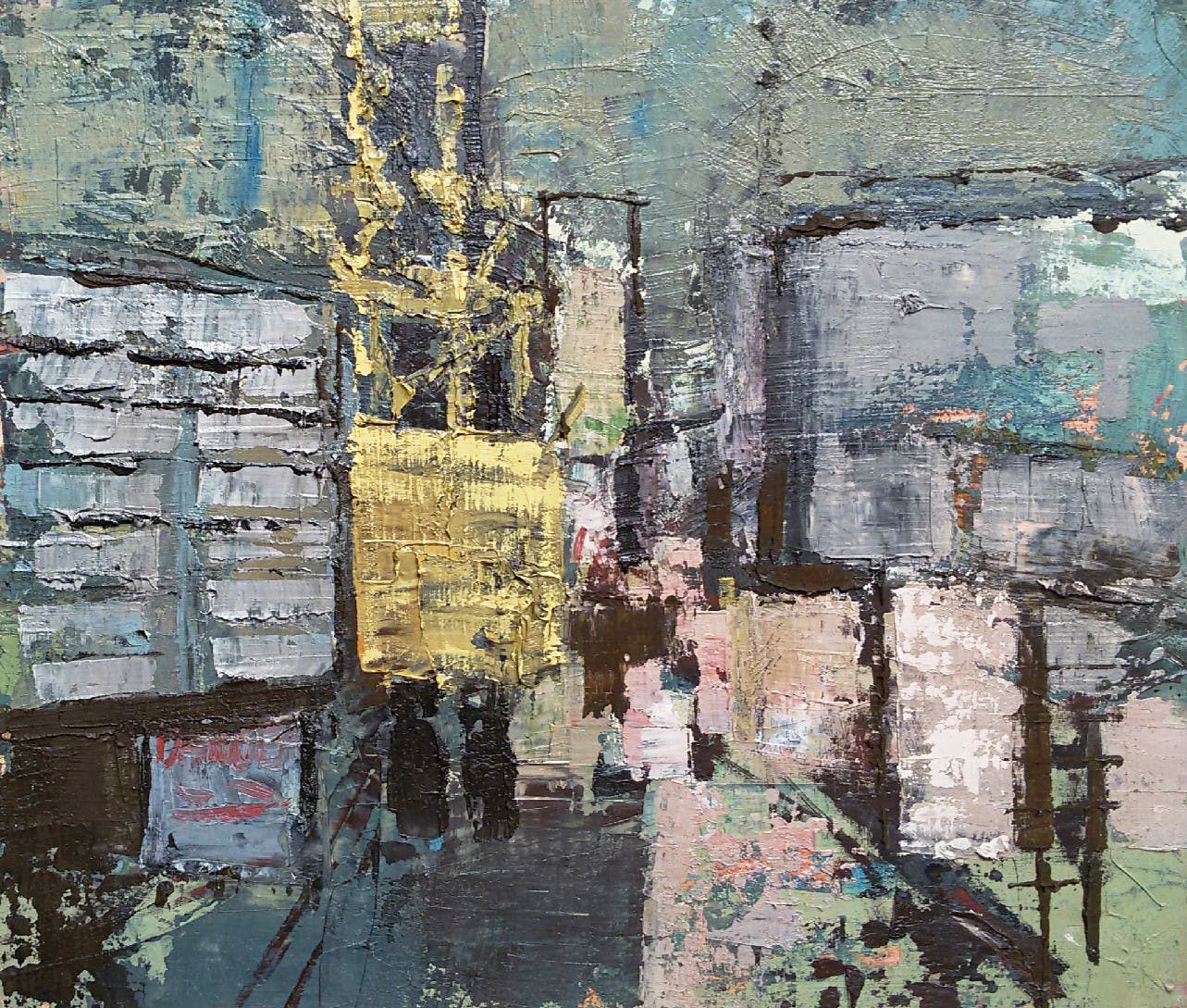 Madelon Gouman - Bouwput Amsterdam, olieverf op karton (ingelijst) kopen? Bied vanaf 50!