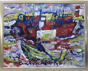 Anton Heyboer - Acryl op doek, Roeibootje in de haven - Ingelijst (Zeer groot) kopen? Bied vanaf 1000!
