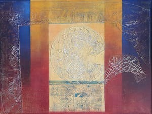 Bert Grotjohann - Abstracte compositie met gouden zon (Ingelijst) kopen? Bied vanaf 150!