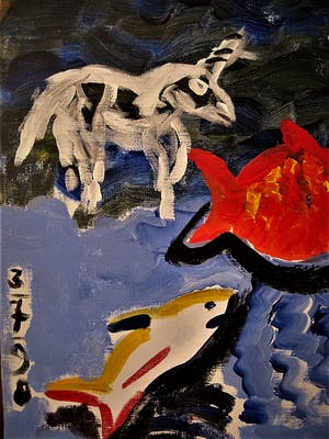 Niet of onleesbaar gesigneerd - Groot expressionistisch CoBrA stijl Acrylverf - "Gezicht op Texel" gesigneerd kopen? Bied vanaf 10!