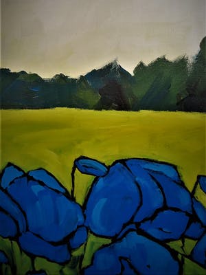 Jocke Overwater - GROOT! Acrylverf op doek "Blauwe Klaprozen in weids Landschap" gesigneerd kopen? Bied vanaf 10!