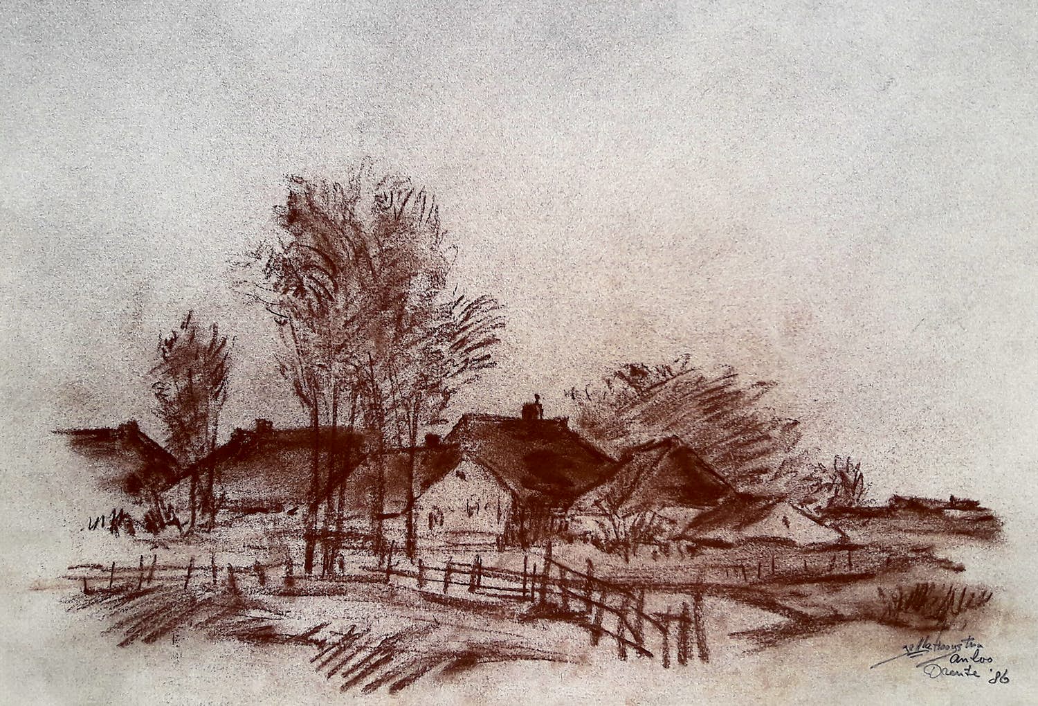 Jelle Hoogstra - Anloo, Drente, pastelkrijt op papier verkocht voor € 35!