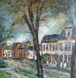 Niet of onleesbaar gesigneerd - (mogelijk Jeff Thewissen) - 1980 - Impressionistisch stadsgezicht kopen? Bied vanaf 1!