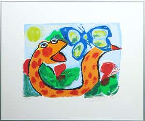 John Lie a Fo - Zeefdruk, Bleu et serpent - Ingelijst verkocht voor € 35!