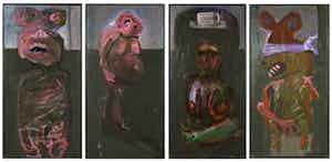 Piet Willems - Vierluik in acryl op paneel, De stok met vier uiteinden - Ingelijst verkocht voor € 1!