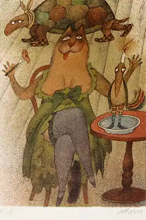 Adolf Born - Litho, De kattendame in het restaurant verkauft für € 290!
