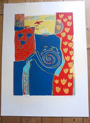 Diana van Hal - gesigneerde linosnede , Titel, "Onderweg". verkocht voor € 35!