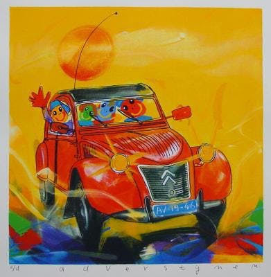 Ad Verstijnen - Gr Kleurenzeefdruk DEUX CHEVAUX Handgesigneerd. verkocht voor € 115!