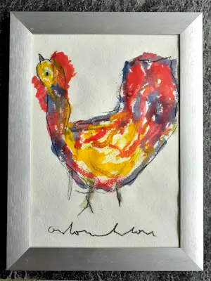 Anton Heyboer - Kleurige kip in aquarel en krijt - 1995 - Ingelijst kopen? Bied vanaf 150!