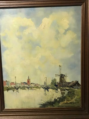 Jan Kelderman - Hollands Polder landschap met Molen en Dorpsgezicht met Kerkje kopen? Bied vanaf 50!