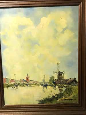 Jan Kelderman - Hollands Polder landschap met Molen en Dorpsgezicht met Kerkje verkocht voor € 50!