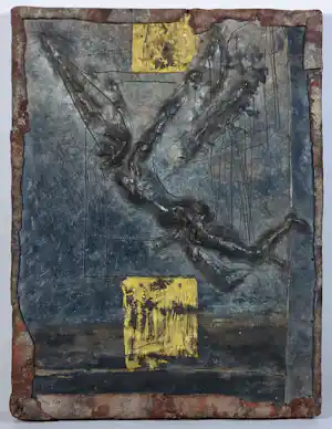 Pieter Kortekaas - Wandobject/reliëf van zink en goudverf op hout, Lucifer verkocht voor € 130!