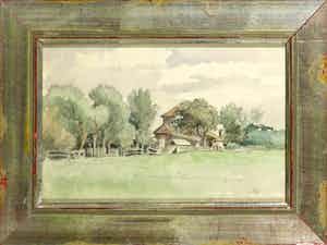 Arnoldus Johannes Eymer - Aquarel, Landschap met boerenerf - Ingelijst verkocht voor € 35!