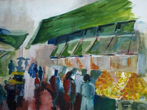 Niet of onleesbaar gesigneerd - Acrylverf en collage , De markt op een regenachtige dag – ingelijst - Groot kopen? Bied vanaf 1!