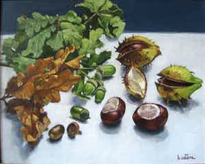 Henk J. Groote - Stilleven met eikels en kastanjes verkocht voor € 75!