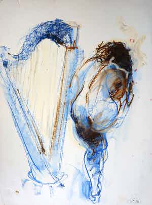 Franscz Witte - Gemengde techniek op papier, Harp en figuur verkocht voor € 1!