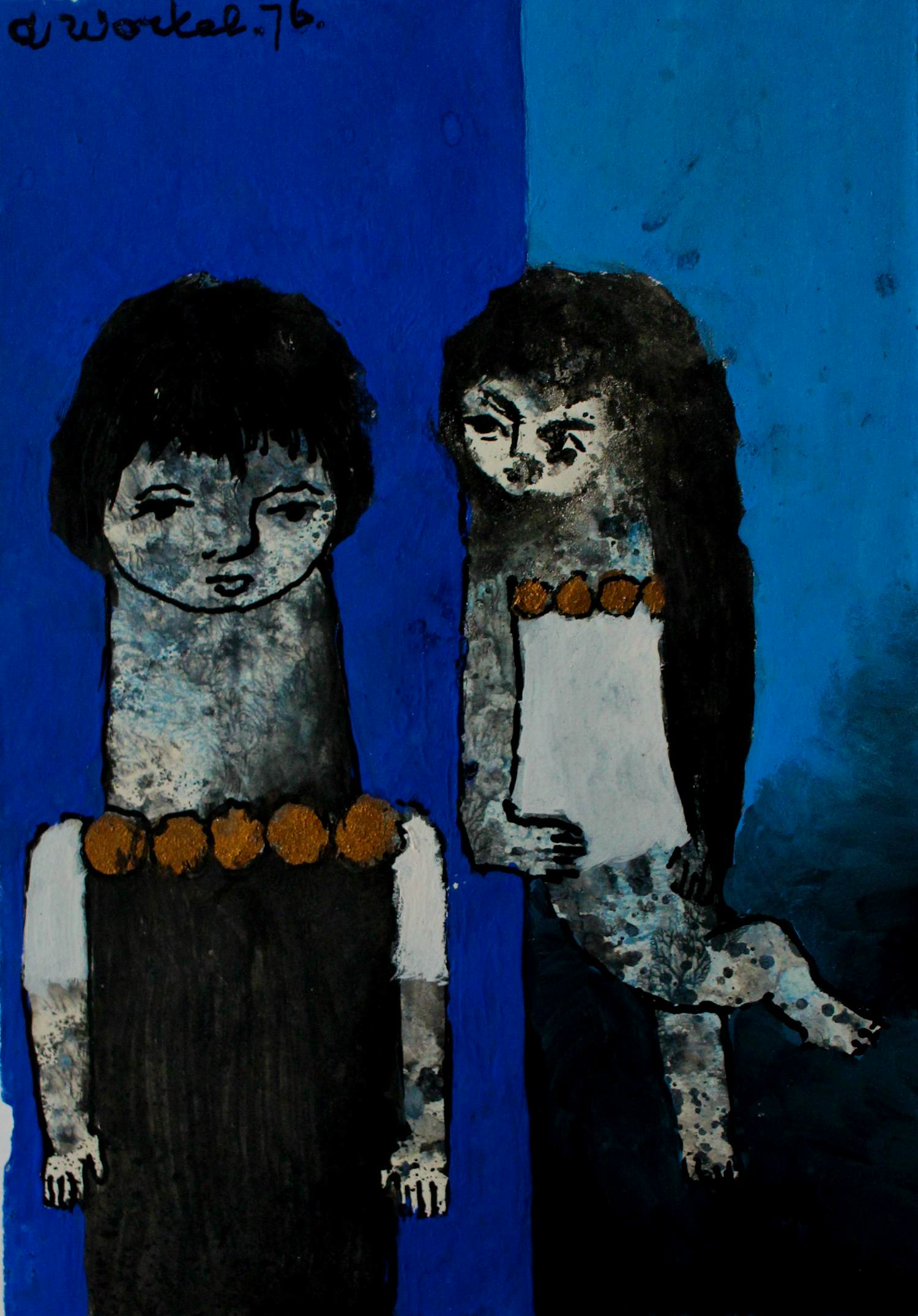 Ans Wortel - Gemengde techniek: ''bewoners van 'n blauw gebied ... - 1976 kopen? Bied vanaf 225!