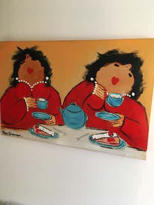 Theo Broeren - Acryl op doek ‘ Tea in Blue ‘ ( GROOT ) verkocht voor € 150!