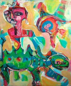 Christine Spierings - Olieverf op doek, z.t. Figuur met draakje verkocht voor € 60!