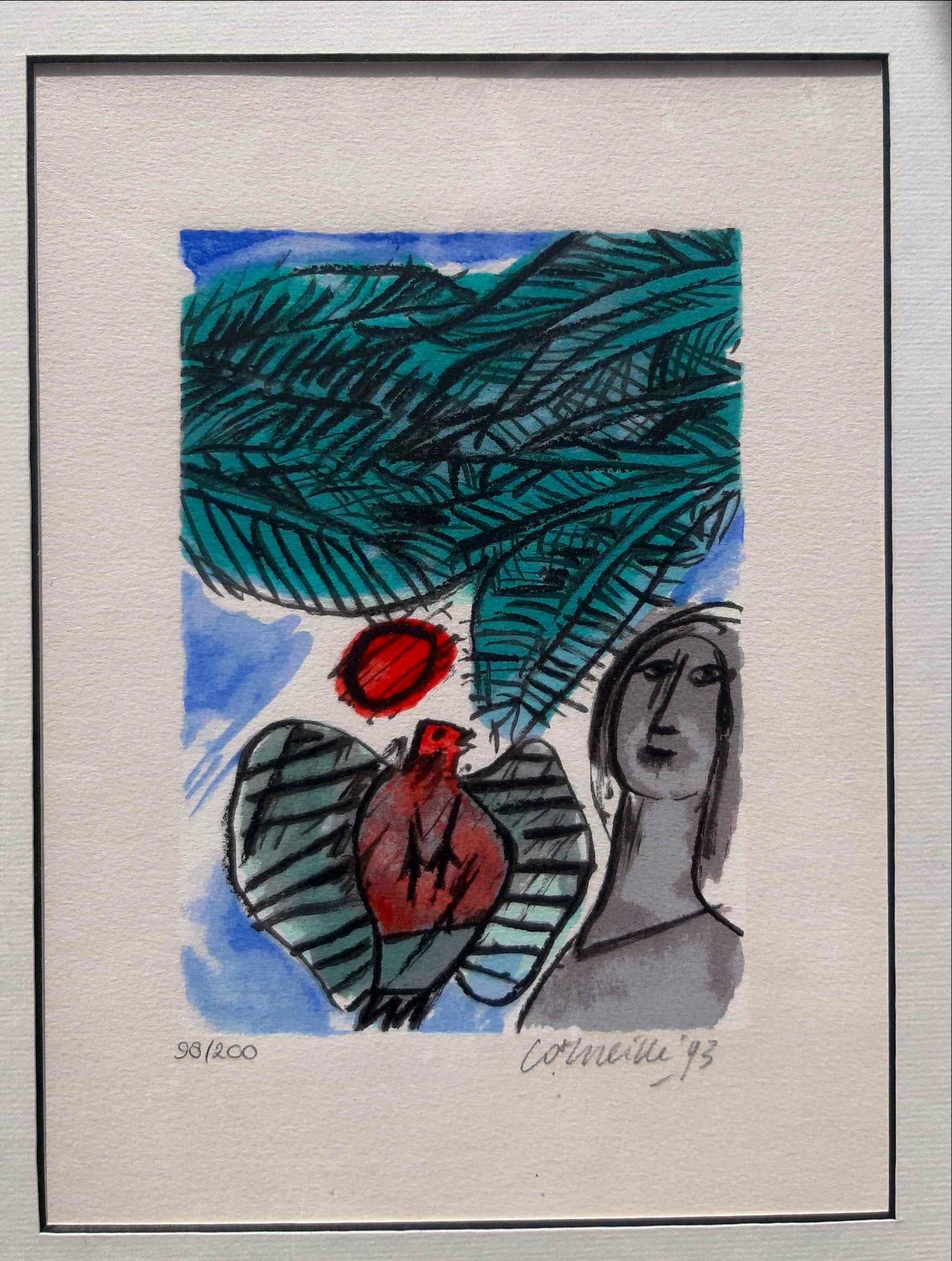 Corneille - Vrouw met vogel onder palmboom met bloedrode zon kopen? Bied vanaf 325!