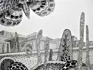 Jan Bernard Meinen - Grote & gedetailleerde Inkt-tekening "Vlinders bij stadsmuur" - 1974 - gesigneer kopen? Bied vanaf 29!