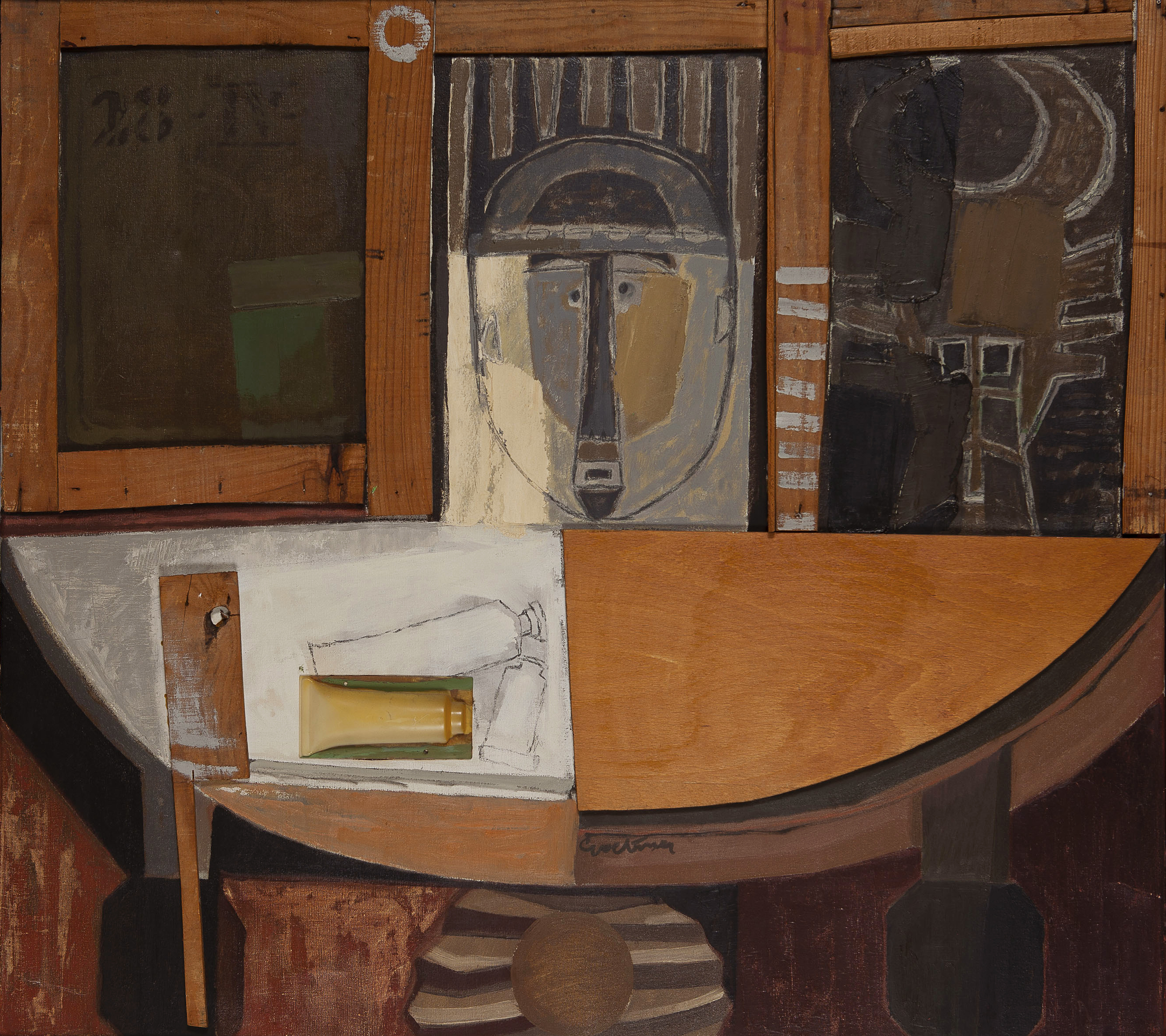 Jan Goeting - Atelier compositie II - Olieverf, hout, plastic mal op doek - BKR Den Haag -1975 verkocht voor € 15!