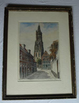 Marius Johannes Janssen - Ingelijste en ingekleurde ets , Onze Lieve Vrouwetoren Amersfoort – ca 1935 kopen? Bied vanaf 1!