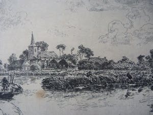 Johannes Elsinga - Fraai meertje met vissers in een boot bij een dorp, waarschijnlijk Friesland. kopen? Bied vanaf 45!