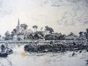 Johannes Elsinga - Fraai meertje met vissers in een boot bij een dorp, waarschijnlijk Friesland. verkocht voor € 45!