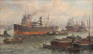 Gerard Delfgaauw - Olieverf op doek, Rotterdamse haven - Ingelijst (Groot) kopen? Bied vanaf 2000!