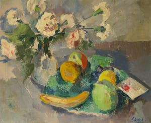 Henk van den Idsert - Olieverf op doek, Stilleven met anjers en fruit - Ingelijst kopen? Bied vanaf 250!