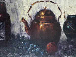 Peter Brouwer - Stilleven met fruit en flessen en potten. kopen? Bied vanaf 129!