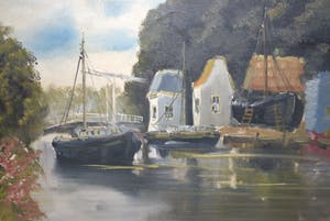 Jan Kelderman - Edam haven met scheepswerf - groot olieverfschilderij, ingelijst kopen? Bied vanaf 60!