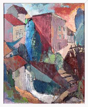 Tonny Ros - Olieverf op doek, Stadsgezicht - Ingelijst verkocht voor € 50!