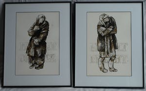 Niet of onleesbaar gesigneerd - 2x Ingelijste inkttekening , “Berthold Brecht & Mutter Courage” kopen? Bied vanaf 1!