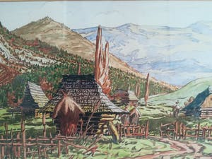 Niet of onleesbaar gesigneerd - verstild vergezicht, dorpje in Indonesië met op de achtergrond bergen kopen? Bied vanaf 1!