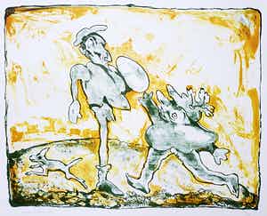 Lucebert - Don Quichotte en Sancho Panza, kleurenlitho verkocht voor € 250!