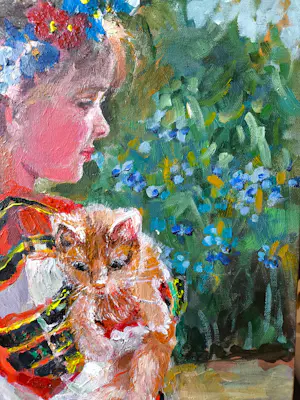 Vladimir Goussev - Portret van een meisje met een kitten kopen? Bied vanaf 400!