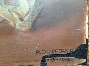 Remmet Ouwejan - Schelp, vogelschedel en fles - olieverf op paneel kopen? Bied vanaf 1!