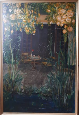 Niet of onleesbaar gesigneerd - Patio met bloemen - zeer groot - ingelijst kopen? Bied vanaf 10!