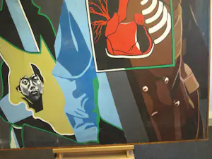 Robert Hallatu - Olieverf op doek , Molukse symboliek (?) met zelfportret – Lijst, 103 x 133 cm. kopen? Bied vanaf 250!