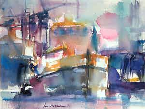Jan Velthuis - Aquarel. Havengezicht verkocht voor € 70!