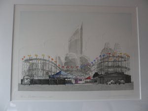 Wim Bettenhausen - Ingekleurde ets in preegdruk. Titel, "kermis aan het Malieveld". kopen? Bied vanaf 70!